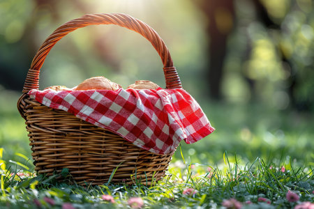 One picnic wicker basket with checkered napkin and blanket on green grass. Space for text.の素材
