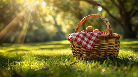 One picnic wicker basket with checkered napkin and blanket on green grass. Space for text.の素材