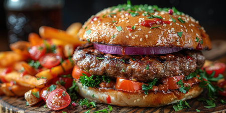 Delicious hamburger with cola and potato fries on a wooden table with a dark brown background behind. Fast food concept.の素材