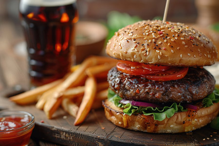 Delicious hamburger with cola and potato fries on a wooden table with a dark brown background behind. Fast food concept.の素材