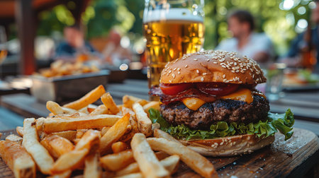 Burgers, French fries and beer at an outdoor picnic. Friends gathered at a barbecue on a warm summer evening.の素材