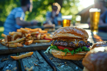Burgers, French fries and beer at an outdoor picnic. Friends gathered at a barbecue on a warm summer evening.の素材