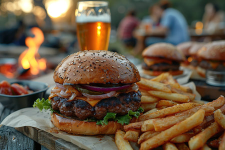 Burgers, French fries and beer at an outdoor picnic. Friends gathered at a barbecue on a warm summer evening.の素材