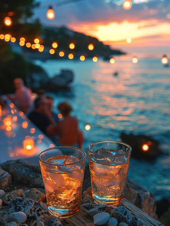 Various delicious cocktails on the bar counter against the background of the sea in the evening.の素材