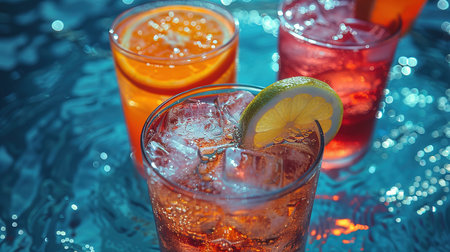 Assorted fresh cocktails at the poolside outdoors, nobody.の素材