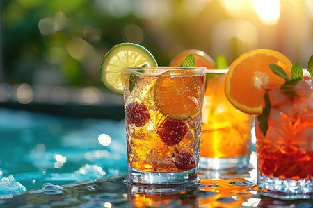 Assorted fresh cocktails at the poolside outdoors, nobody.の素材