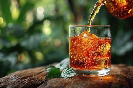 Glass cup of tea on wooden table and blurred nature background.の素材