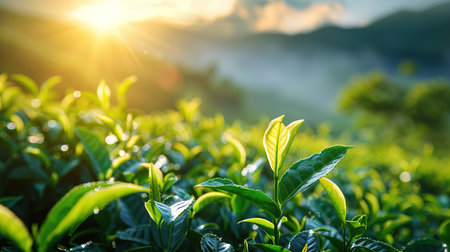 Green tea leaves in a tea plantation in morning, Tea plantations at dawn.の素材