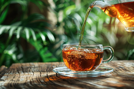 Glass cup of tea on wooden table and blurred nature background.の素材