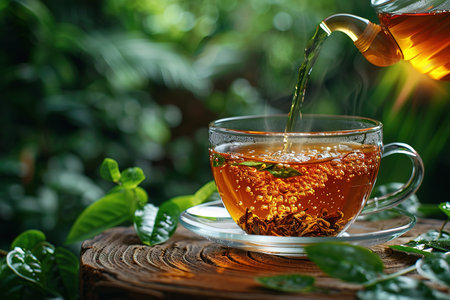 Glass cup of tea on wooden table and blurred nature background.の素材