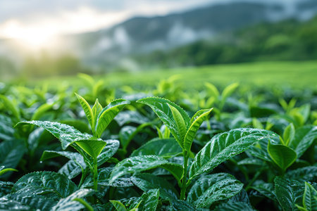 Green tea leaves in a tea plantation in morning, Tea plantations at dawn.の素材