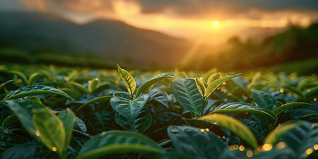 Green tea leaves in a tea plantation in morning, Tea plantations at dawn.の素材