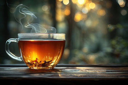 Glass cup of tea on wooden table and blurred nature background.の素材