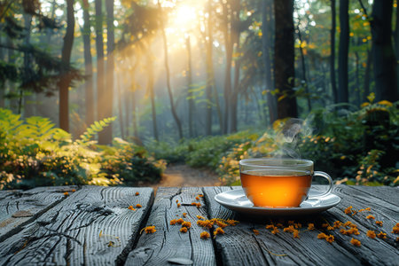 Glass cup of tea on wooden table and blurred nature background.の素材