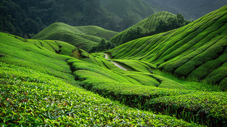 The tea plantations background, Tea plantations in morning light.の素材