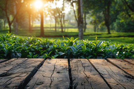 Empty rustic table in front of tea plantation landscape at sunrise. product display and concept.の素材