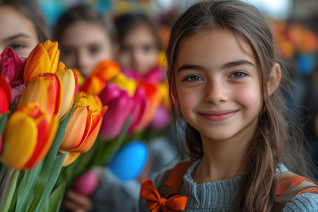 girl first day of school year. Girl with bouquet of flowers. September 1. Knowledge Day. The first class.の素材