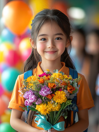 girl first day of school year. Girl with bouquet of flowers. September 1. Knowledge Day. The first class.の素材