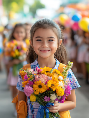 girl first day of school year. Girl with bouquet of flowers. September 1. Knowledge Day. The first class.の素材