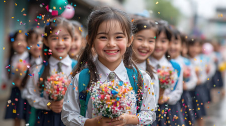 girl first day of school year. Girl with bouquet of flowers. September 1. Knowledge Day. The first class.の素材