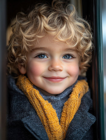 Happy smiling kid standing in the school bus door, cheerful boy wearing backpack entering vehicle, ready for a fun day of learning and playing with friends, looking at camera, copy spaceの素材