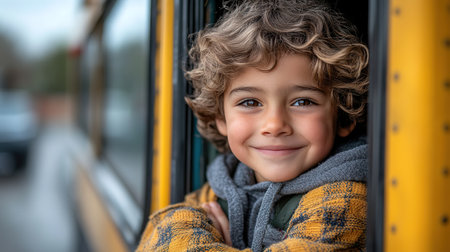 Happy smiling kid standing in the school bus door, cheerful boy wearing backpack entering vehicle, ready for a fun day of learning and playing with friends, looking at camera, copy spaceの素材