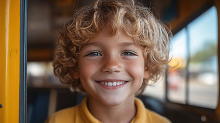 Happy smiling kid standing in the school bus door, cheerful boy wearing backpack entering vehicle, ready for a fun day of learning and playing with friends, looking at camera, copy spaceの素材