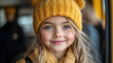 Girl with backpack near yellow school bus. Transport for studentsの素材