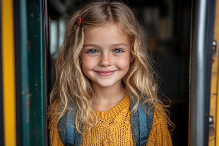 Girl with backpack near yellow school bus. Transport for studentsの素材