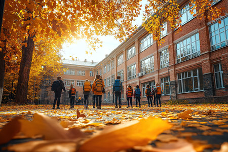 Little kids schoolchildren pupils students running hurrying to the school building for classes lessons from to the school bus. Welcome back to school. The new academic semester year startの素材