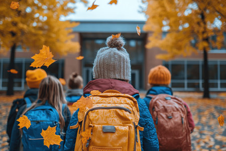 Little kids schoolchildren pupils students running hurrying to the school building for classes lessons from to the school bus. Welcome back to school. The new academic semester year startの素材