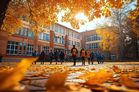 Little kids schoolchildren pupils students running hurrying to the school building for classes lessons from to the school bus. Welcome back to school. The new academic semester year startの素材
