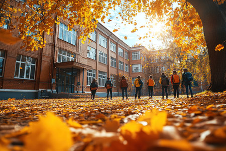 Little kids schoolchildren pupils students running hurrying to the school building for classes lessons from to the school bus. Welcome back to school. The new academic semester year startの素材