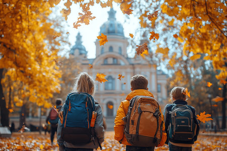 Little kids schoolchildren pupils students running hurrying to the school building for classes lessons from to the school bus. Welcome back to school. The new academic semester year startの素材