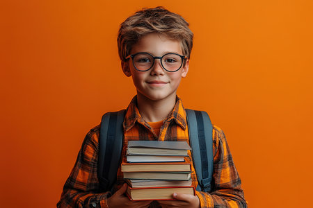 School kid with pile of books. Children enjoying book story in school library. Kids imagination, interest in literature. Kids smart activity. Child study read book in classroom. back to school.の素材