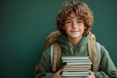 School kid with pile of books. Children enjoying book story in school library. Kids imagination, interest in literature. Kids smart activity. Child study read book in classroom. back to school.の素材