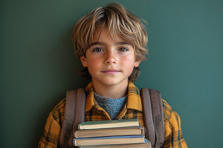 School kid with pile of books. Children enjoying book story in school library. Kids imagination, interest in literature. Kids smart activity. Child study read book in classroom. back to school.の素材