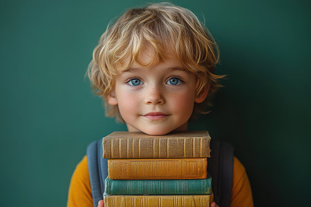 School kid with pile of books. Children enjoying book story in school library. Kids imagination, interest in literature. Kids smart activity. Child study read book in classroom. back to school.の素材