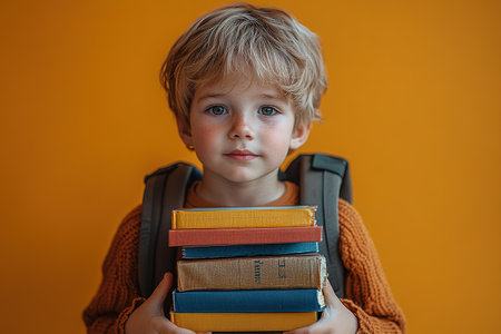 School kid with pile of books. Children enjoying book story in school library. Kids imagination, interest in literature. Kids smart activity. Child study read book in classroom. back to school.の素材