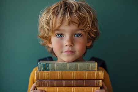School kid with pile of books. Children enjoying book story in school library. Kids imagination, interest in literature. Kids smart activity. Child study read book in classroom. back to school.の素材