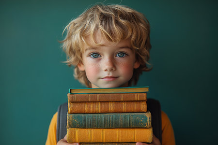 School kid with pile of books. Children enjoying book story in school library. Kids imagination, interest in literature. Kids smart activity. Child study read book in classroom. back to school.の素材