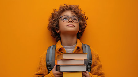School kid with pile of books. Children enjoying book story in school library. Kids imagination, interest in literature. Kids smart activity. Child study read book in classroom. back to school.の素材