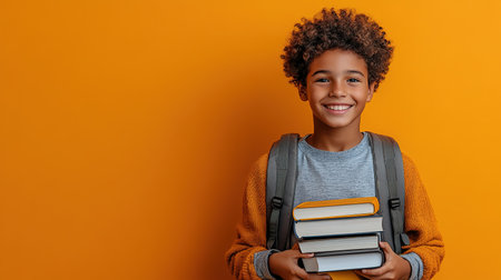 School kid with pile of books. Children enjoying book story in school library. Kids imagination, interest in literature. Kids smart activity. Child study read book in classroom. back to school.の素材