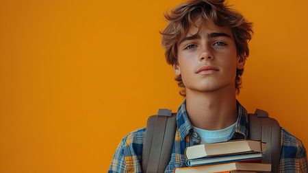 School kid with pile of books. Children enjoying book story in school library. Kids imagination, interest in literature. Kids smart activity. Child study read book in classroom. back to school.の素材