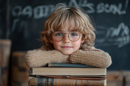 School kid with pile of books. Children enjoying book story in school library. Kids imagination, interest in literature. Kids smart activity. Child study read book in classroom. back to school.の素材