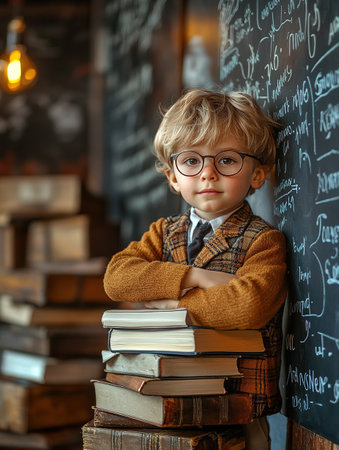 School kid with pile of books. Children enjoying book story in school library. Kids imagination, interest in literature. Kids smart activity. Child study read book in classroom. back to school.の素材