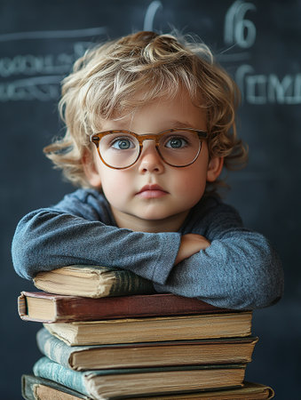 School kid with pile of books. Children enjoying book story in school library. Kids imagination, interest in literature. Kids smart activity. Child study read book in classroom. back to school.の素材