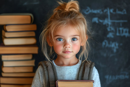 education and school concept - smiling little student girl with many books at school. back to schoolの素材