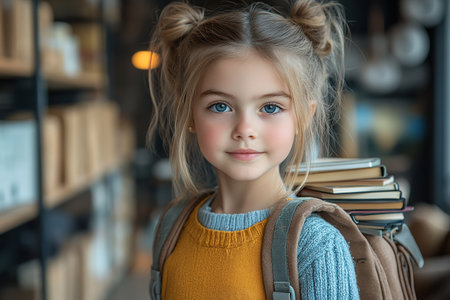 education and school concept - smiling little student girl with many books at school. back to schoolの素材