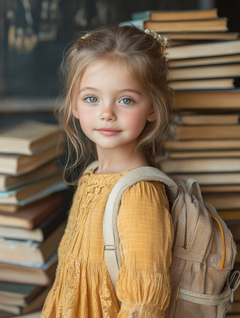 education and school concept - smiling little student girl with many books at school. back to schoolの素材